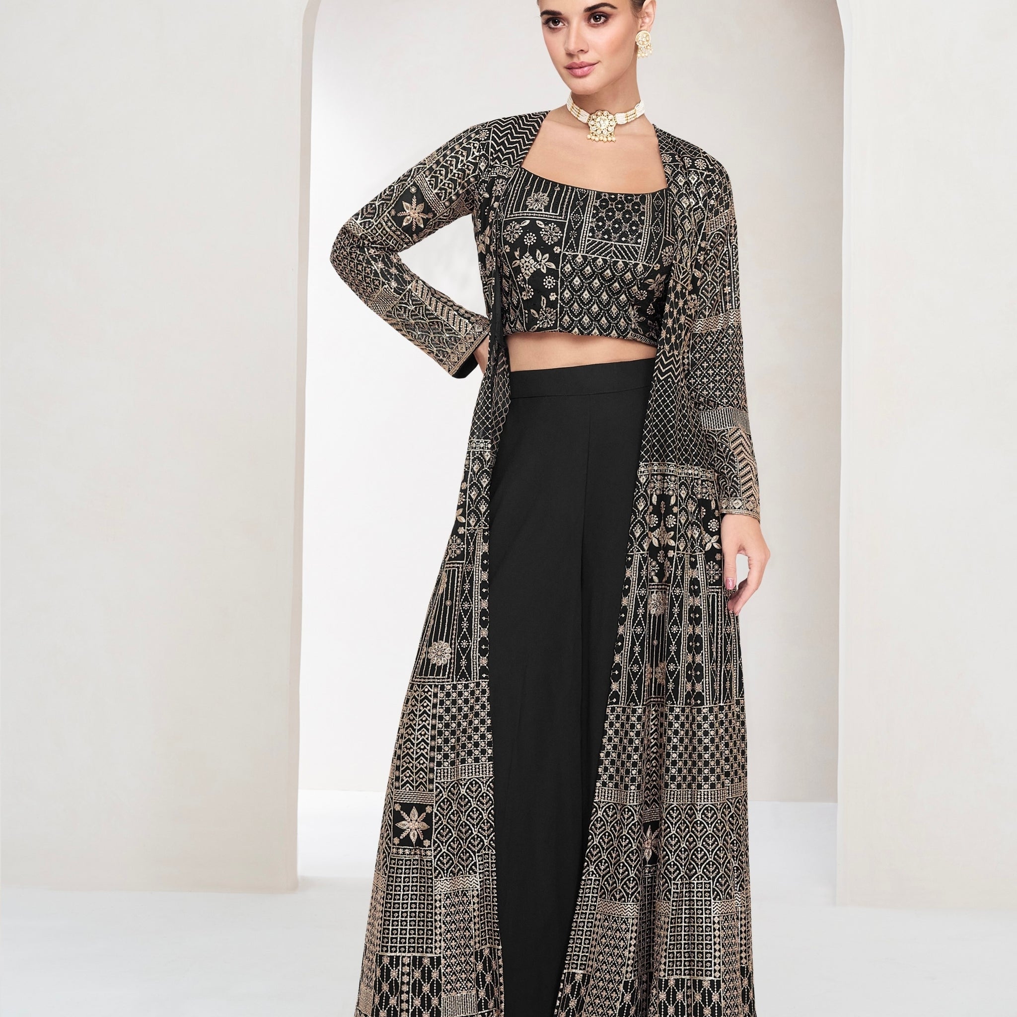 Black Real Georgette Palazzo Set with Embroidered Long Jacket