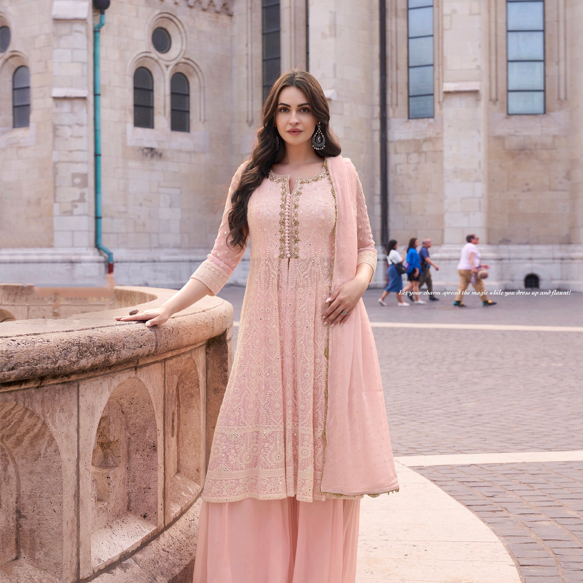 Blush Pink Real Georgette Palazzo Suit with Embroidered Dupatta