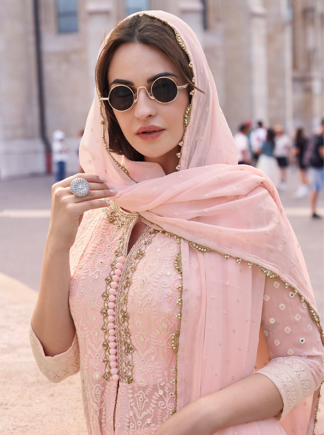 Blush Pink Real Georgette Palazzo Suit with Embroidered Dupatta