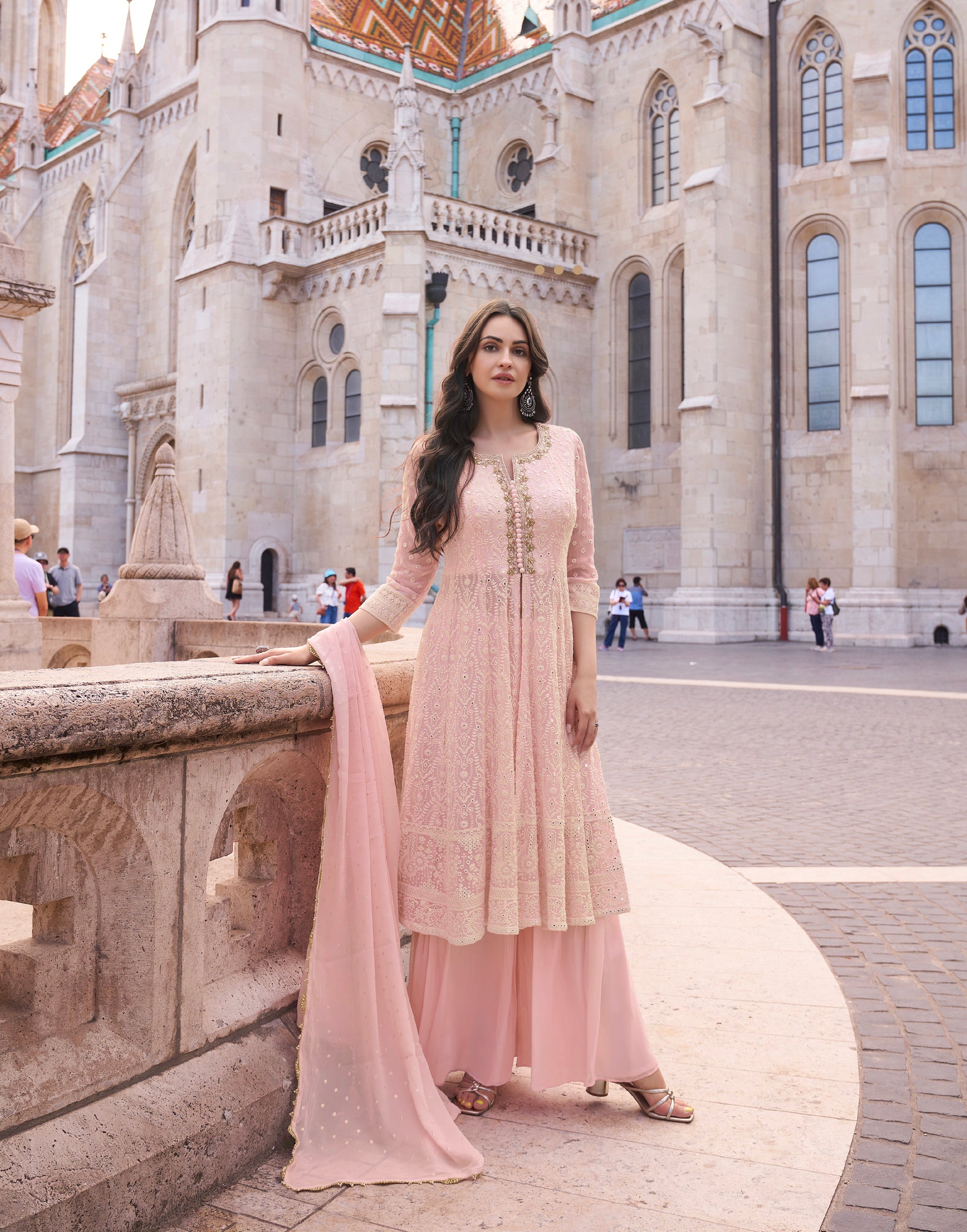 Blush Pink Real Georgette Palazzo Suit with Embroidered Dupatta