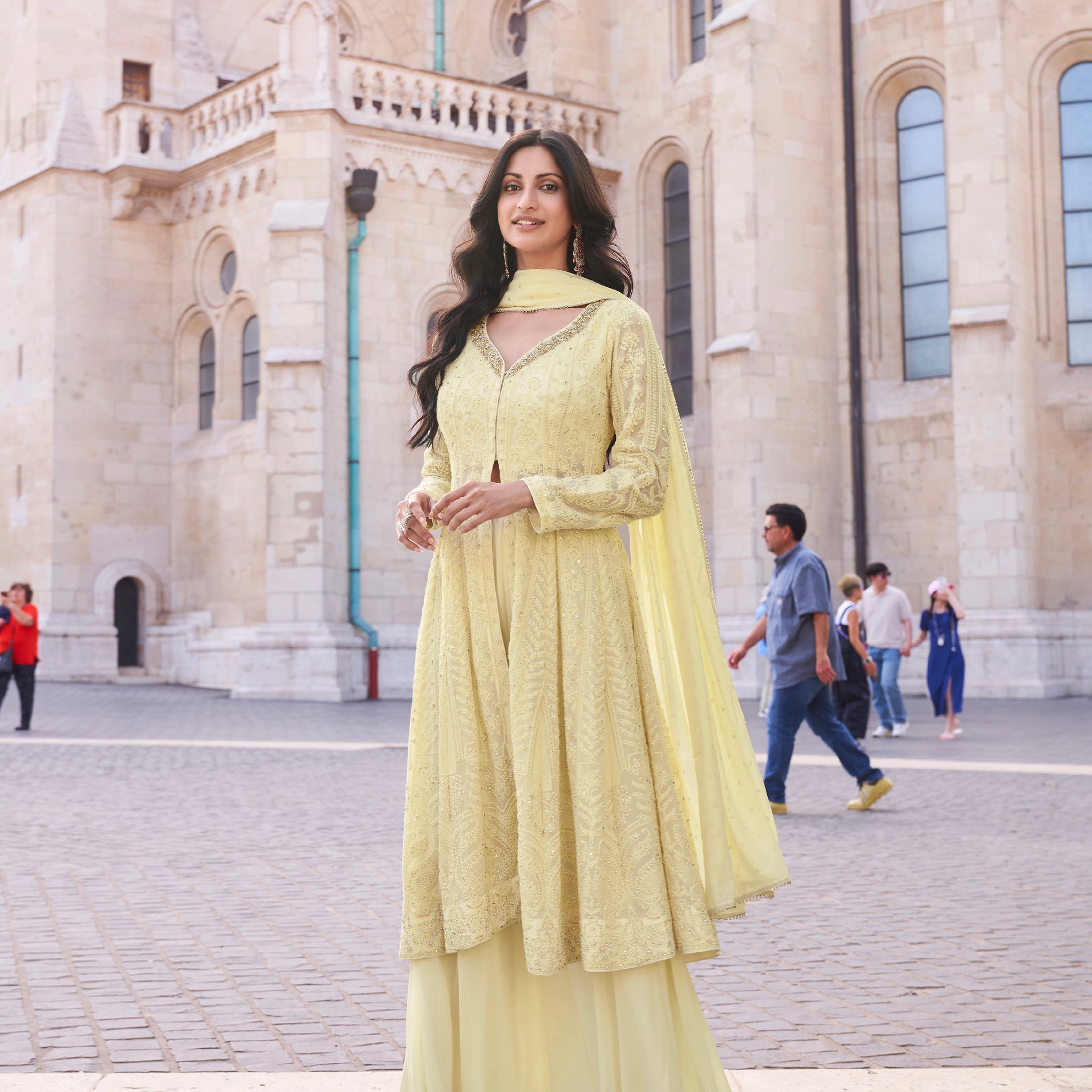 Lemon Yellow Real Georgette Palazzo Suit with Embroidered Dupatta