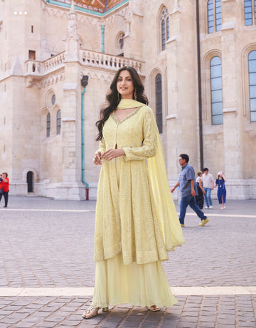 Lemon Yellow Real Georgette Palazzo Suit with Embroidered Dupatta