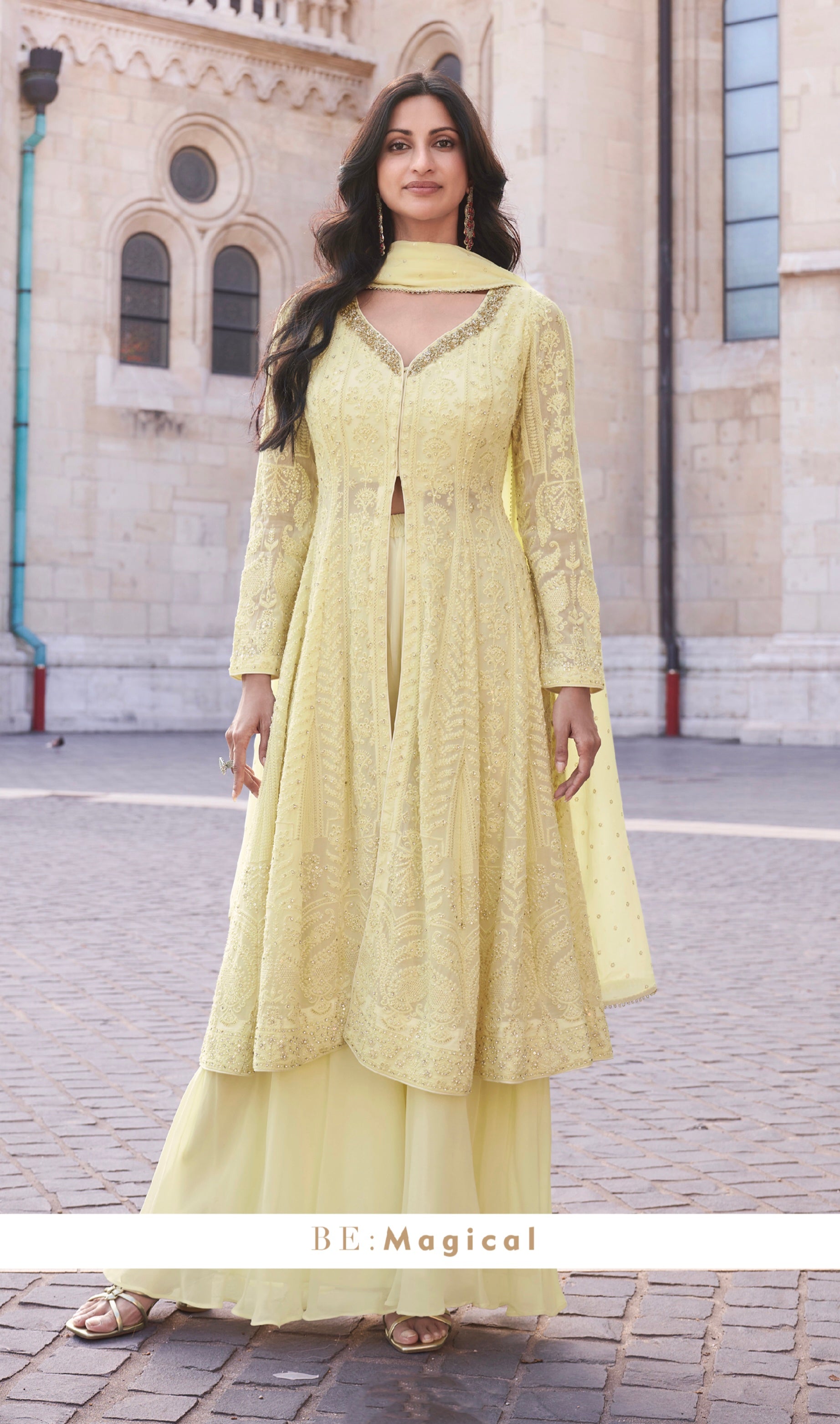 Lemon Yellow Real Georgette Palazzo Suit with Embroidered Dupatta