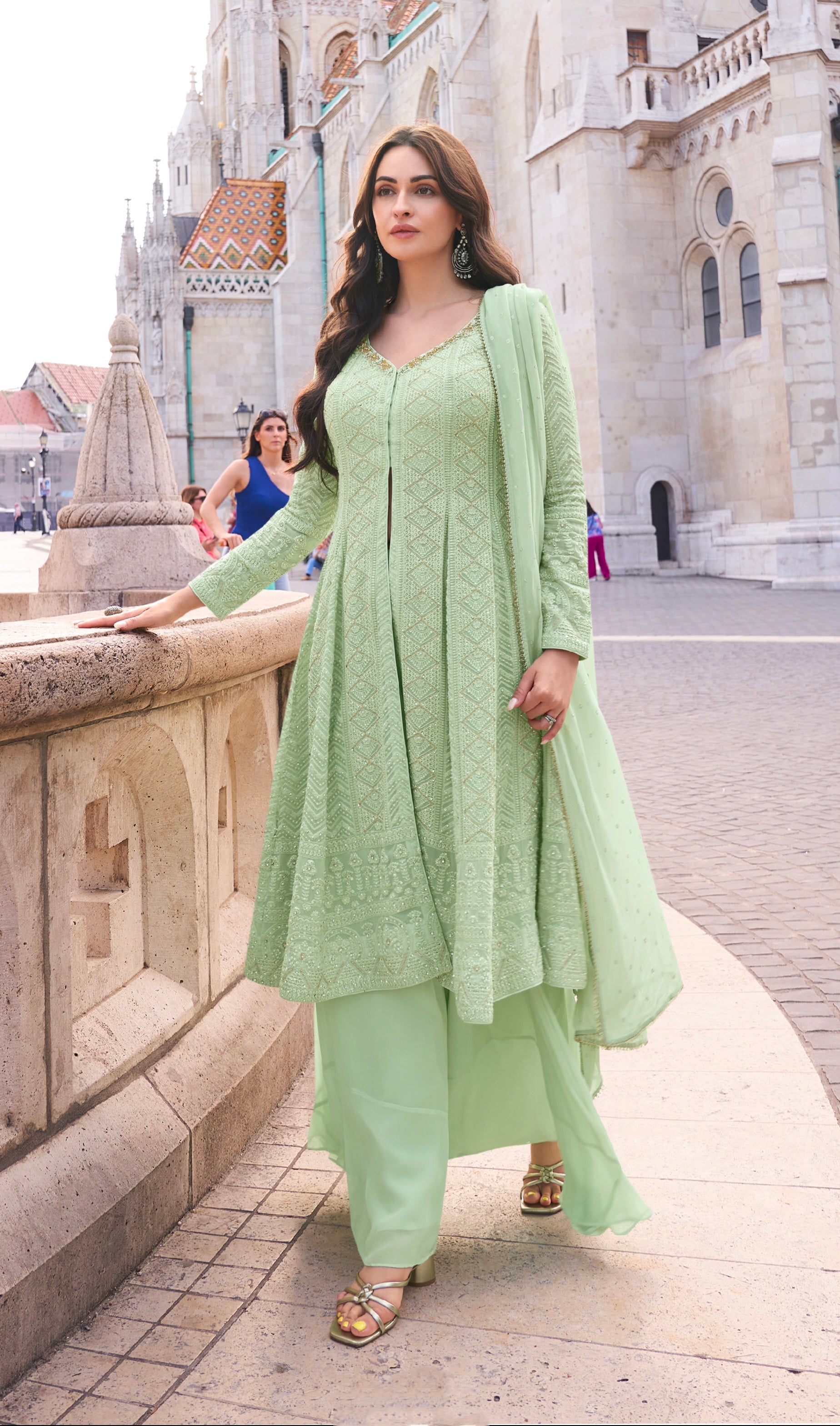 Mint Green Real Georgette Palazzo Suit with Embroidered Dupatta