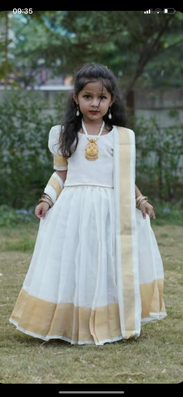 Kasavu Cotton White Kid's Lehenga Choli