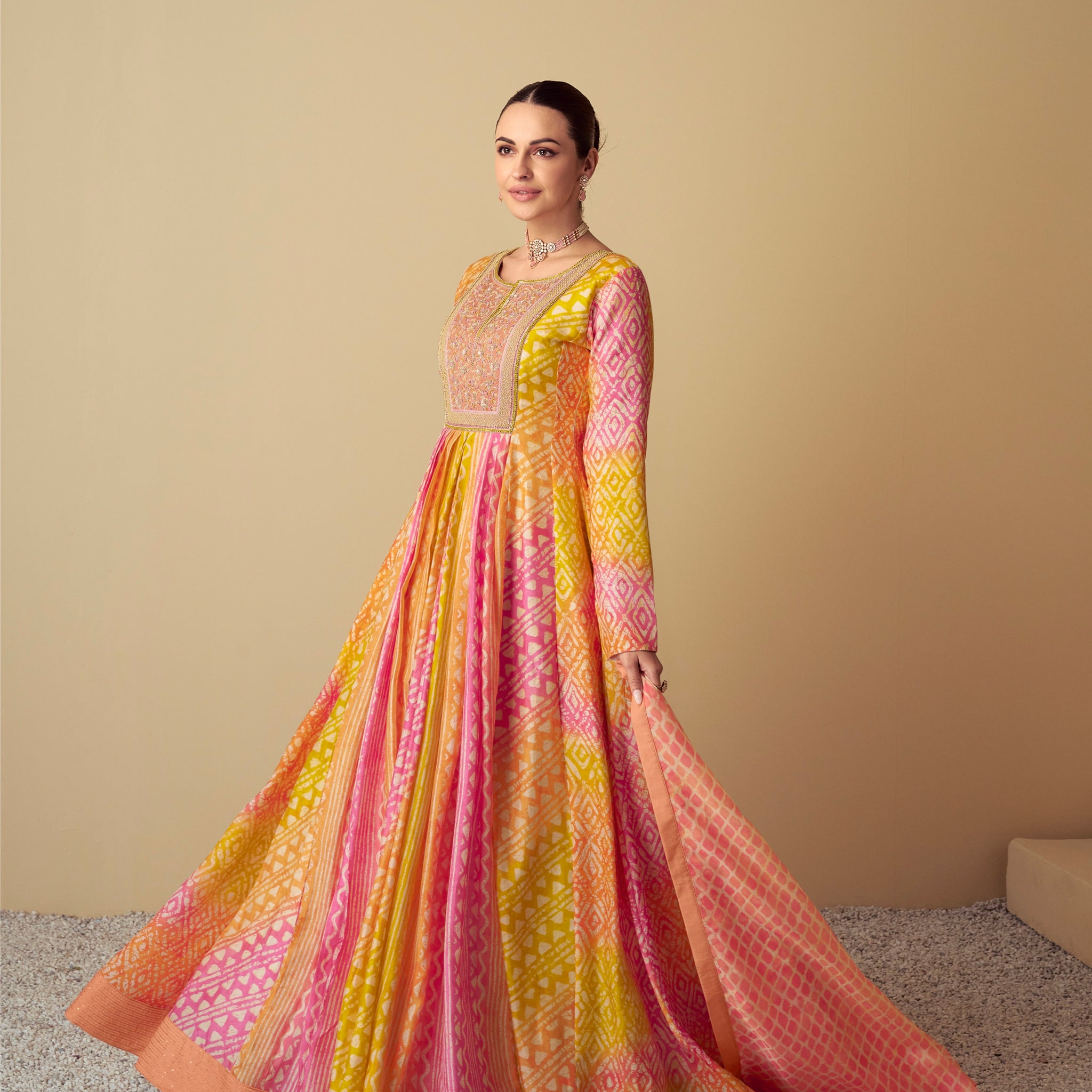 Multicolor Pink & Yellow Real Muslin Anarkali Suit with Digital Print