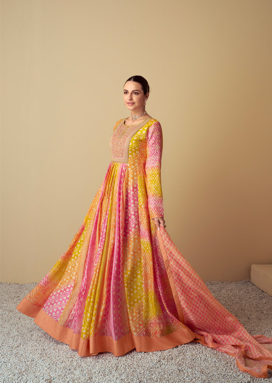 Multicolor Pink & Yellow Real Muslin Anarkali Suit with Digital Print