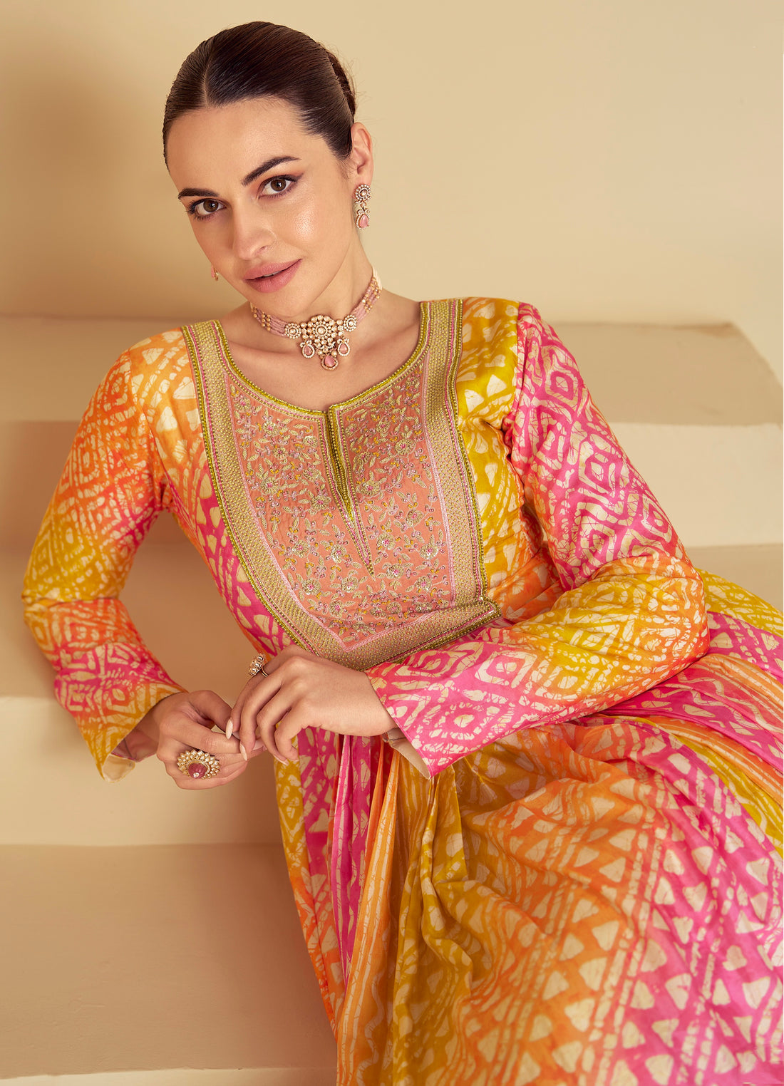 Multicolor Pink & Yellow Real Muslin Anarkali Suit with Digital Print