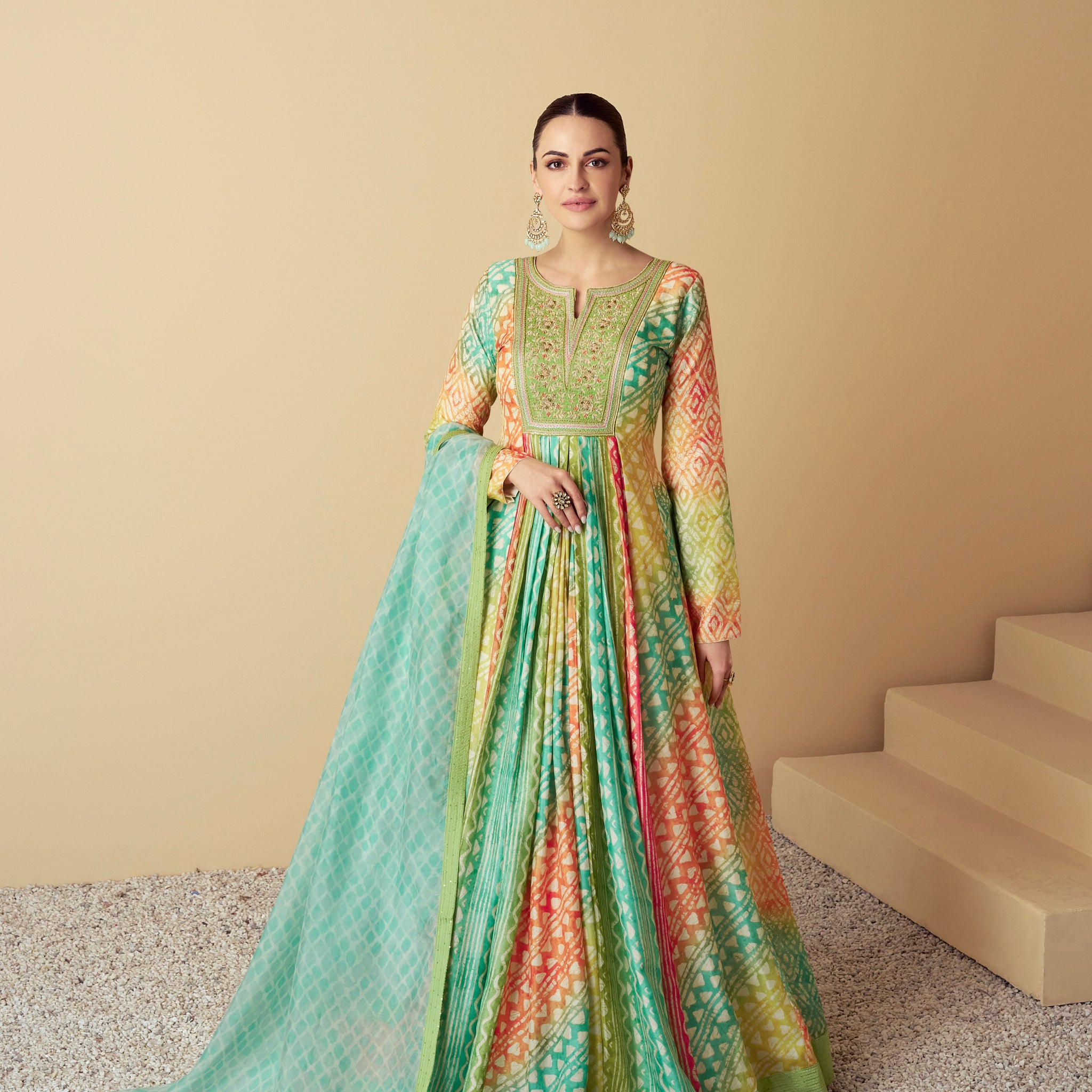 Mint Green & Yellow Real Muslin Anarkali Suit with Digital Print