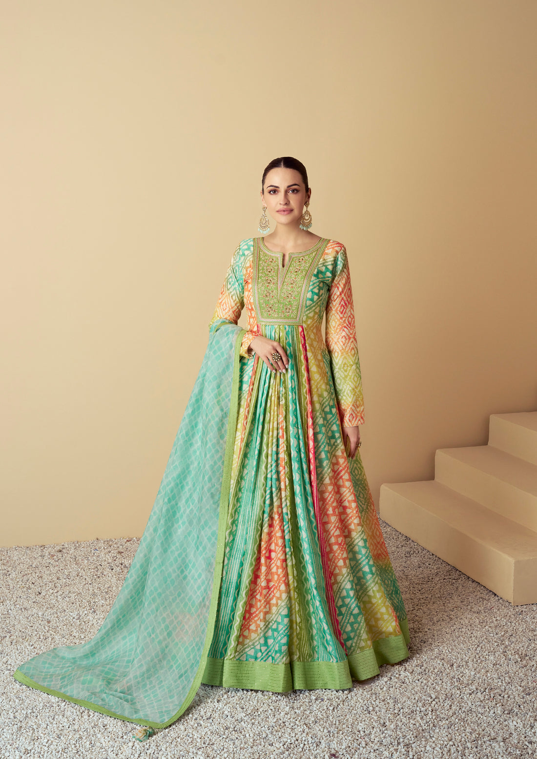 Mint Green & Yellow Real Muslin Anarkali Suit with Digital Print