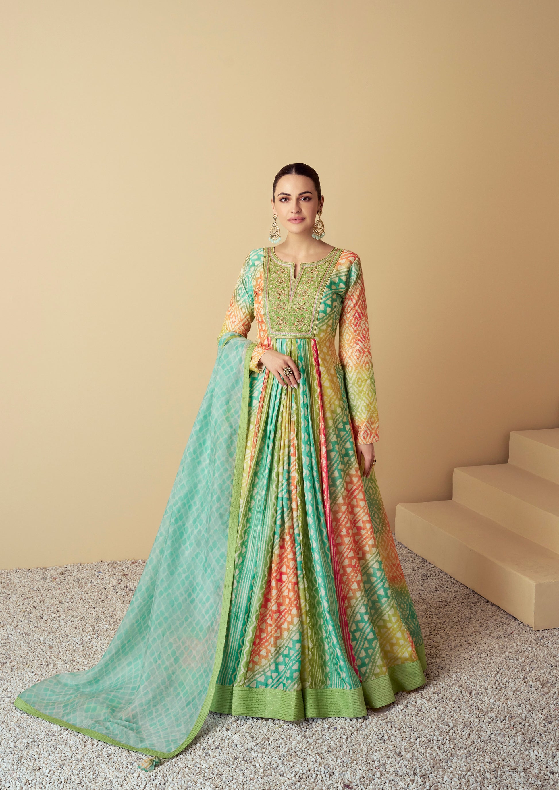 Mint Green & Yellow Real Muslin Anarkali Suit with Digital Print