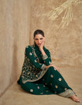 Dark Green Real Chinon Silk Embroidered Palazzo Suit with Dupatta