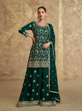 Dark Green Real Chinon Silk Embroidered Palazzo Suit with Dupatta