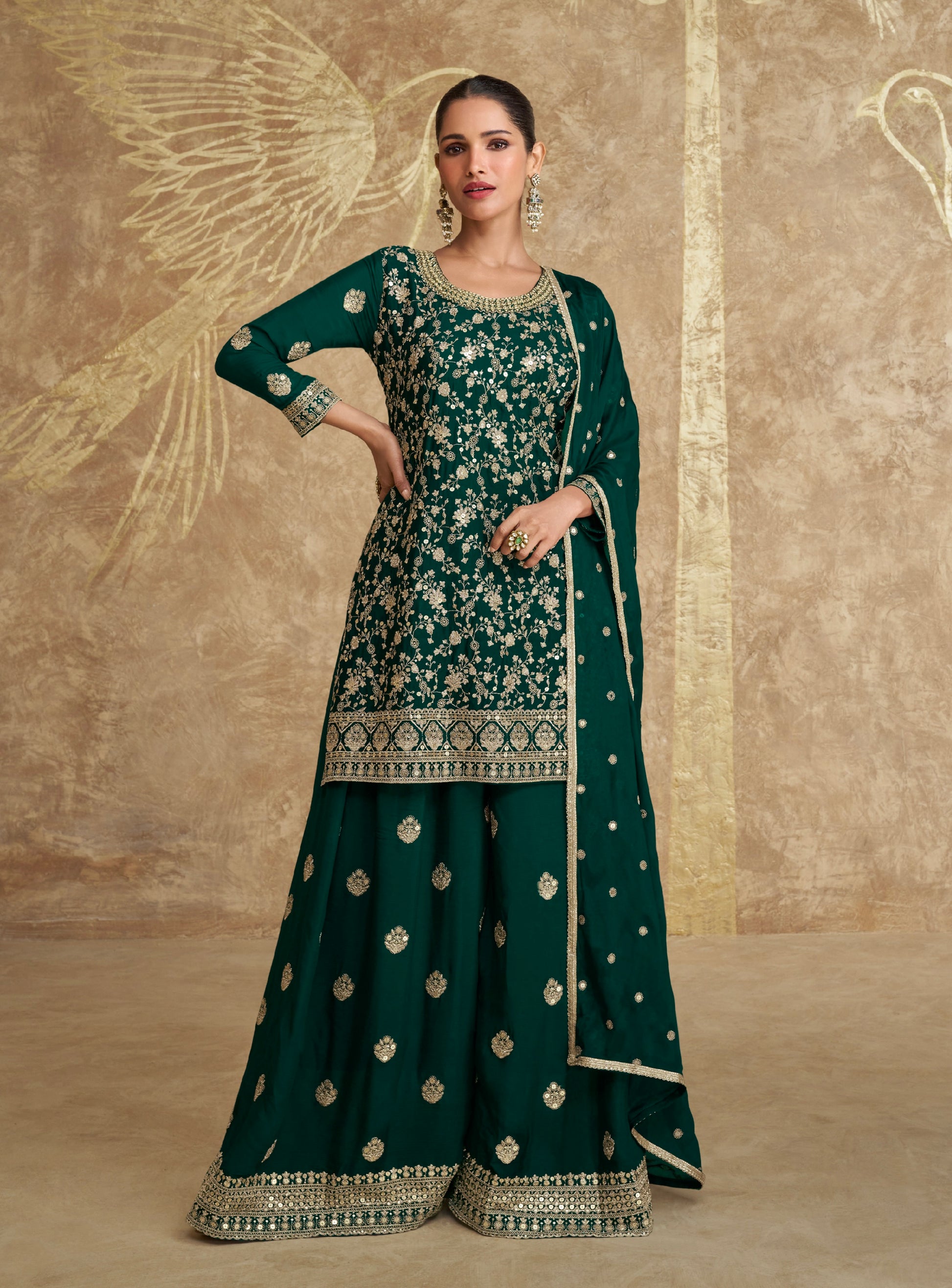 Dark Green Real Chinon Silk Embroidered Palazzo Suit with Dupatta