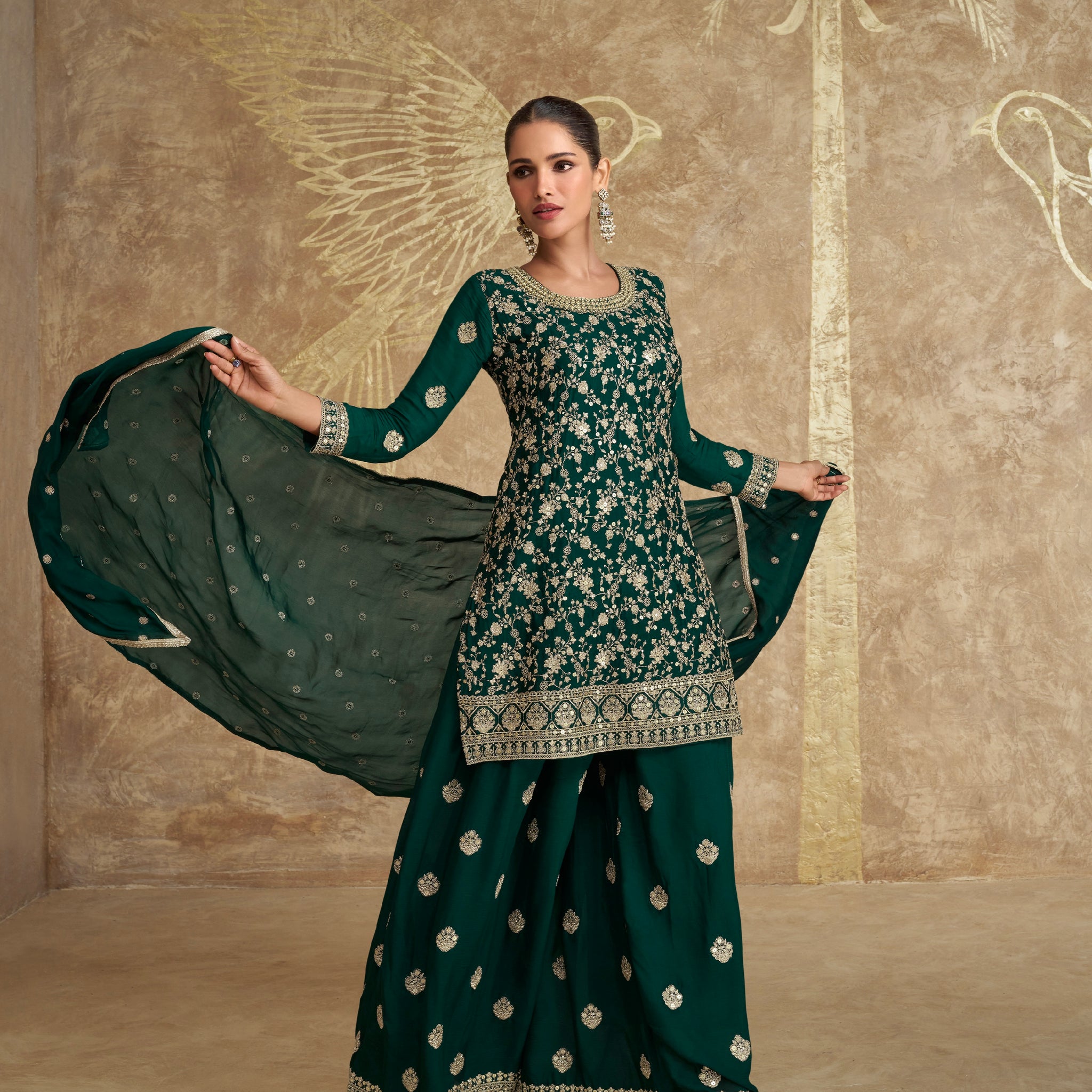 Dark Green Real Chinon Silk Embroidered Palazzo Suit with Dupatta