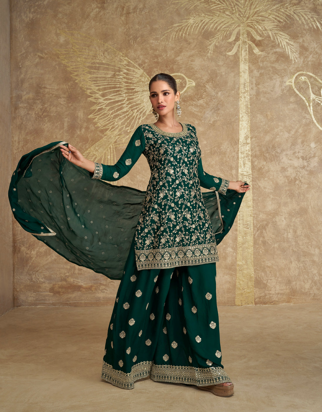 Dark Green Real Chinon Silk Embroidered Palazzo Suit with Dupatta