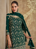 Dark Green Real Chinon Silk Embroidered Palazzo Suit with Dupatta