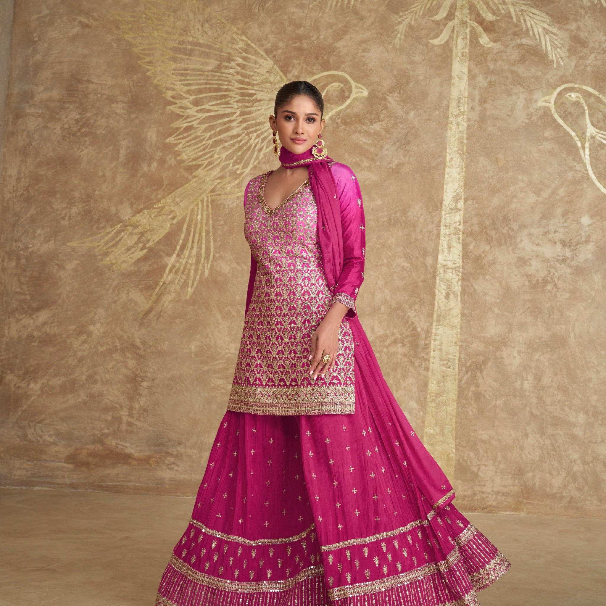 Magenta Pink Real Chinon Silk Embroidered Palazzo Suit with Dupatta