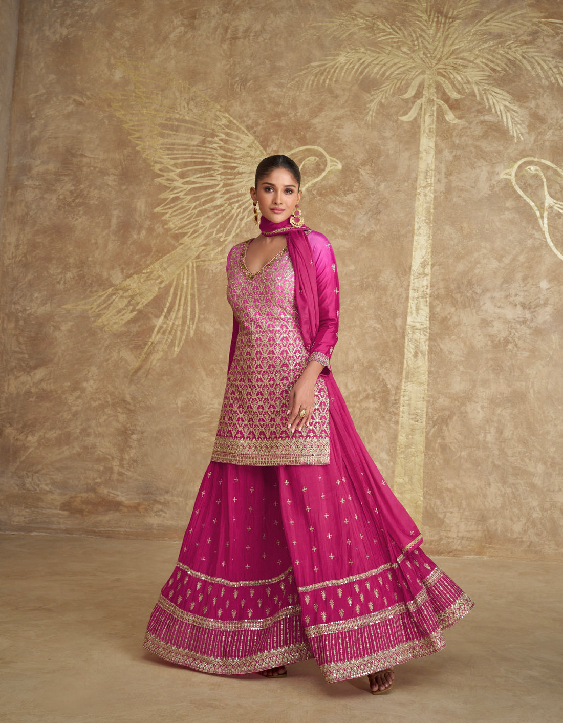 Magenta Pink Real Chinon Silk Embroidered Palazzo Suit with Dupatta