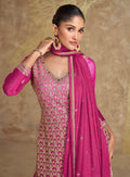 Magenta Pink Real Chinon Silk Embroidered Palazzo Suit with Dupatta