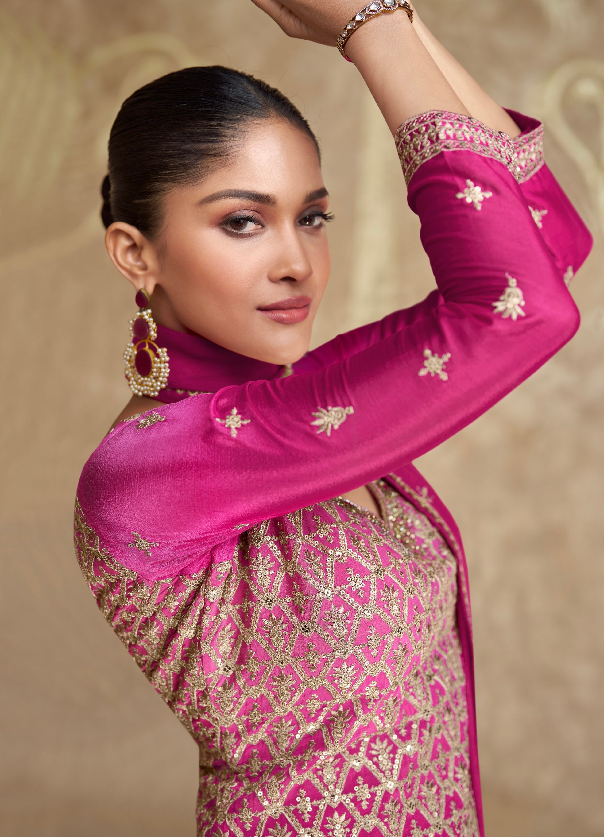 Magenta Pink Real Chinon Silk Embroidered Palazzo Suit with Dupatta