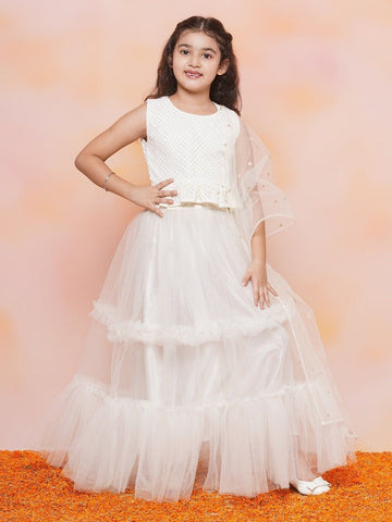 White Net Ethnic Wear Floral 3d Kid's Lehenga Choli