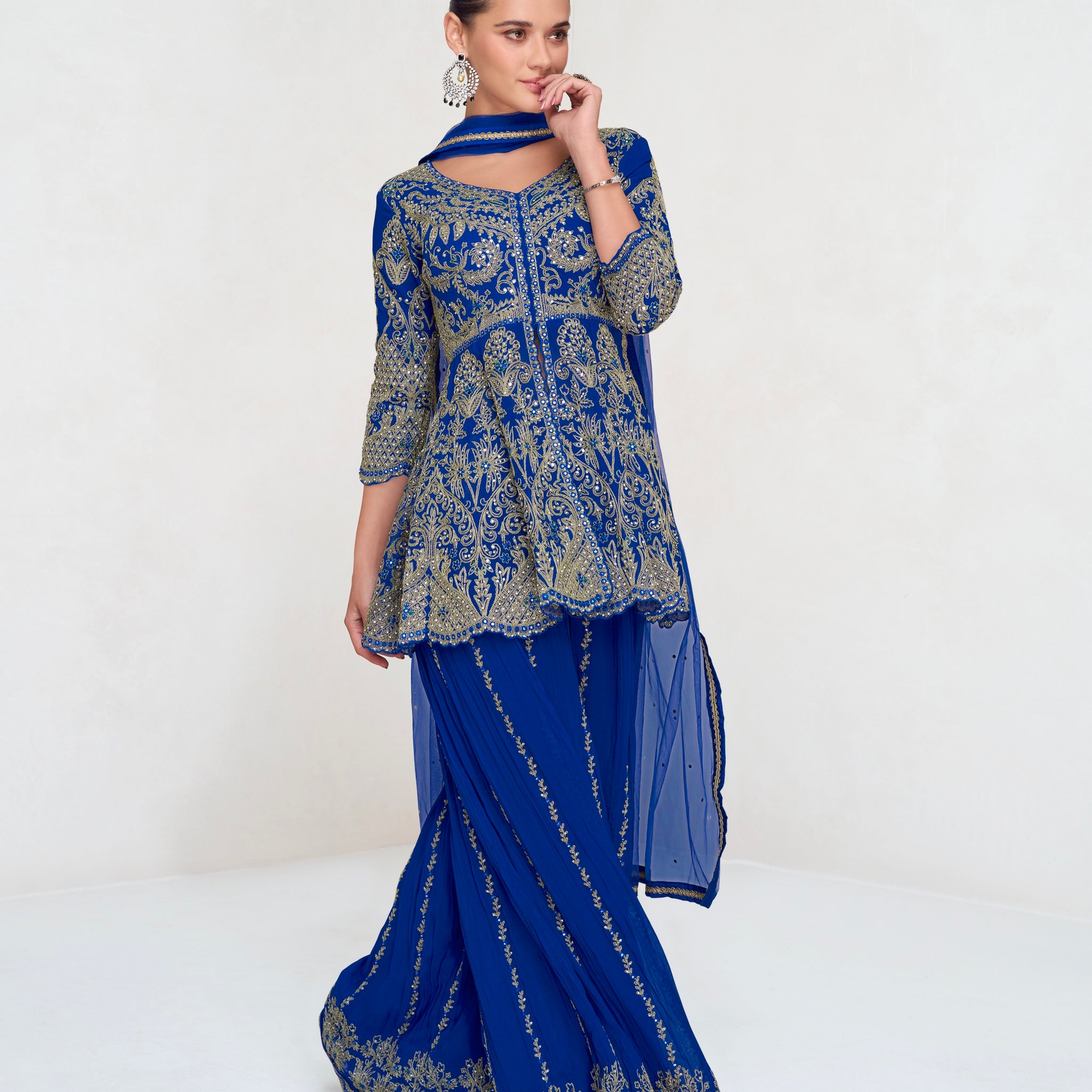 Royal Blue Georgette Embroidered Palazzo Suit with Net Dupatta