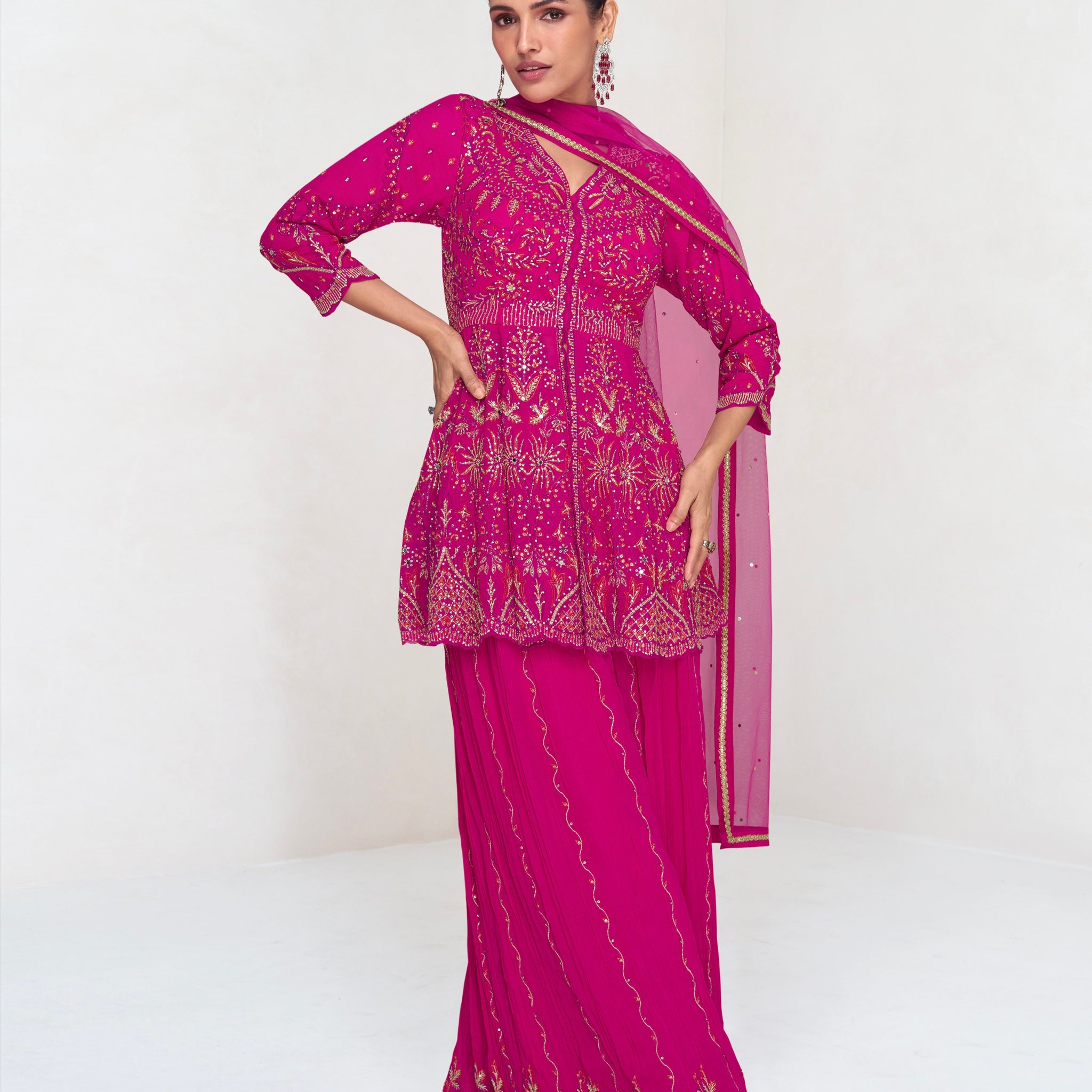 Magenta Georgette Embroidered Palazzo Suit with Net Dupatta