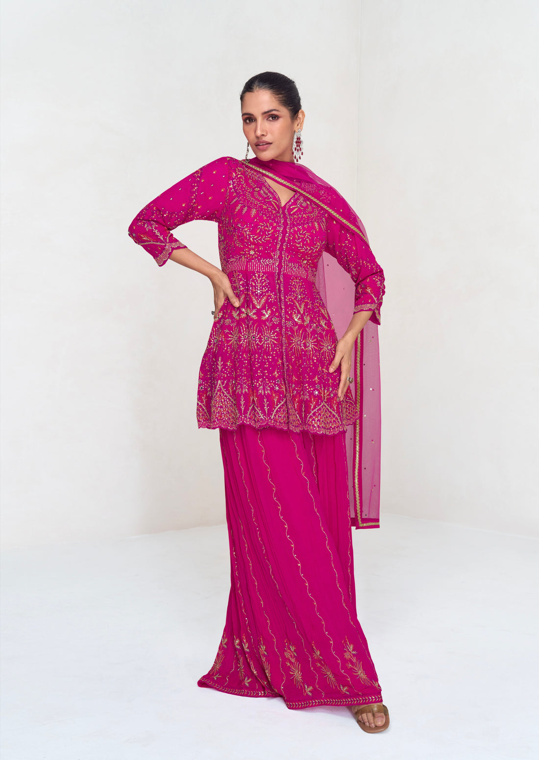 Magenta Georgette Embroidered Palazzo Suit with Net Dupatta