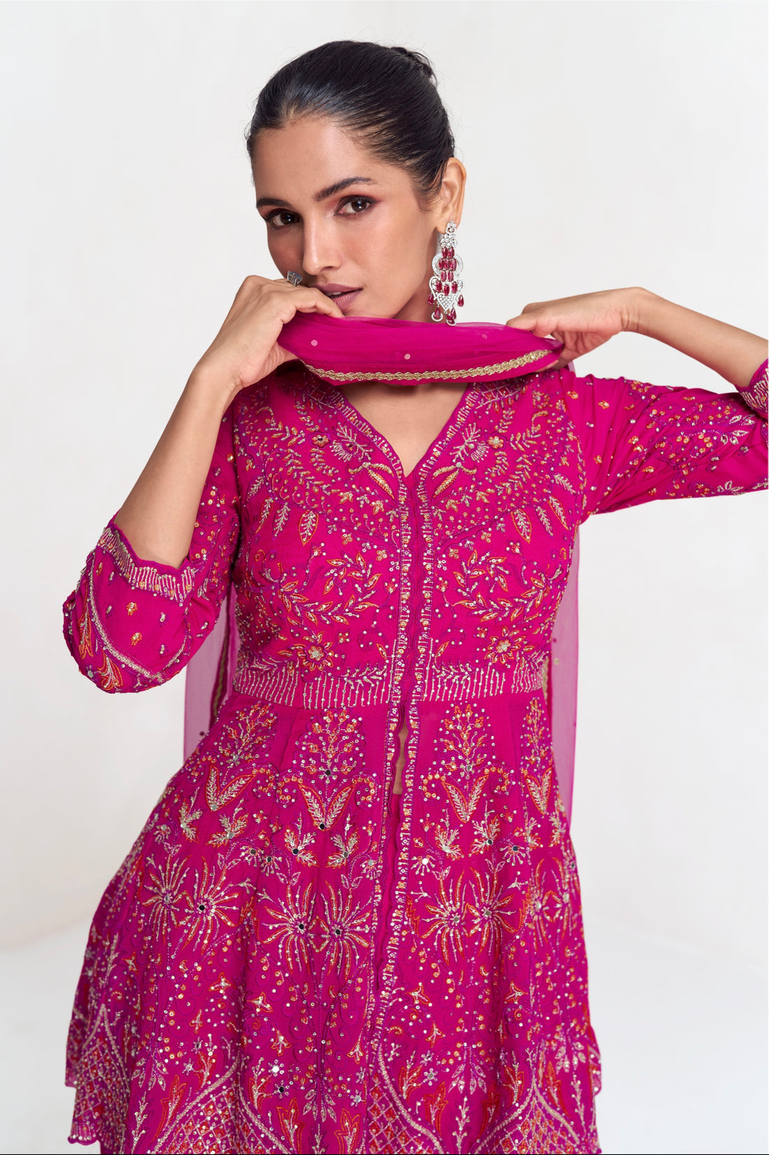 Magenta Georgette Embroidered Palazzo Suit with Net Dupatta