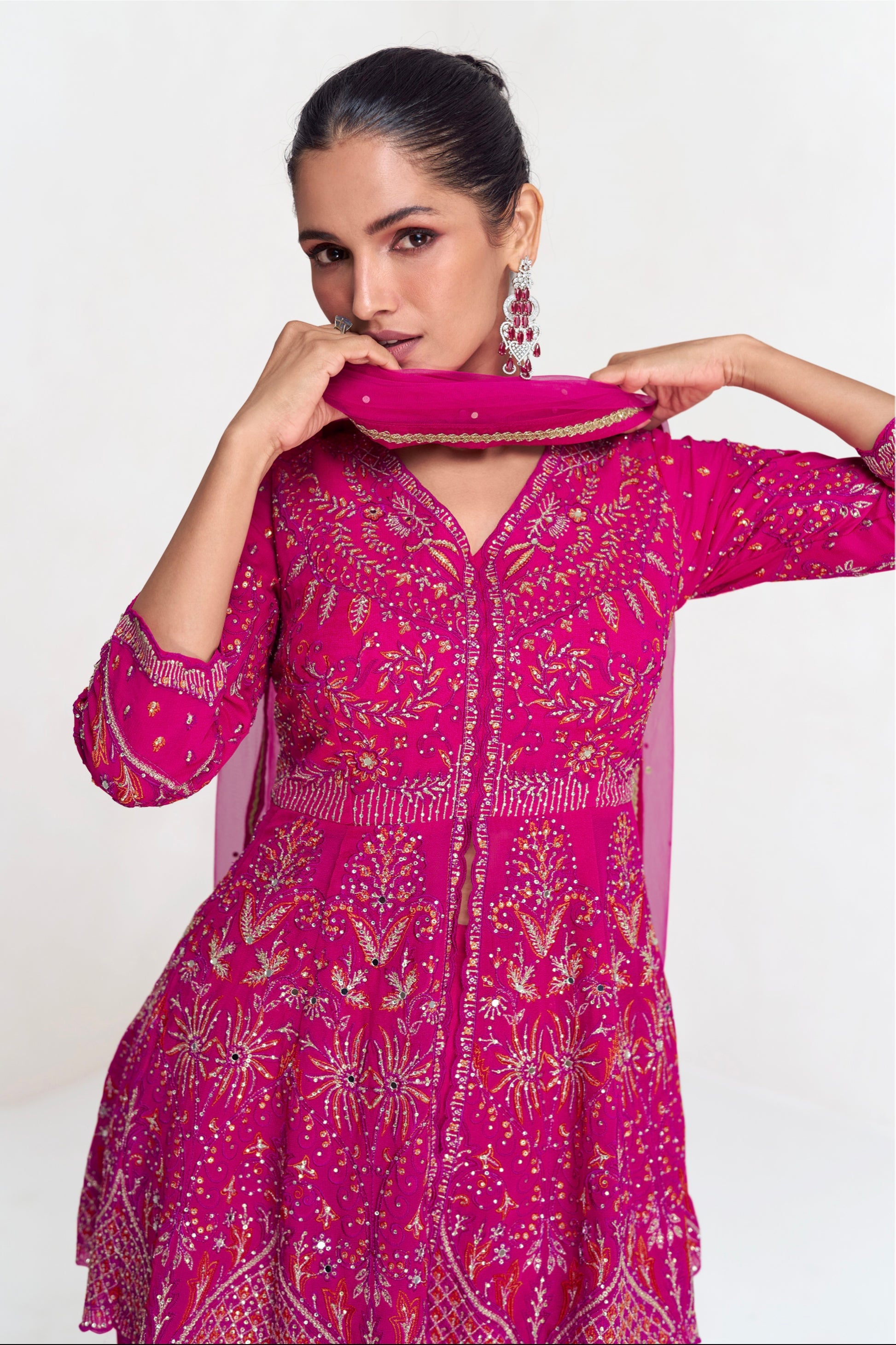 Magenta Georgette Embroidered Palazzo Suit with Net Dupatta