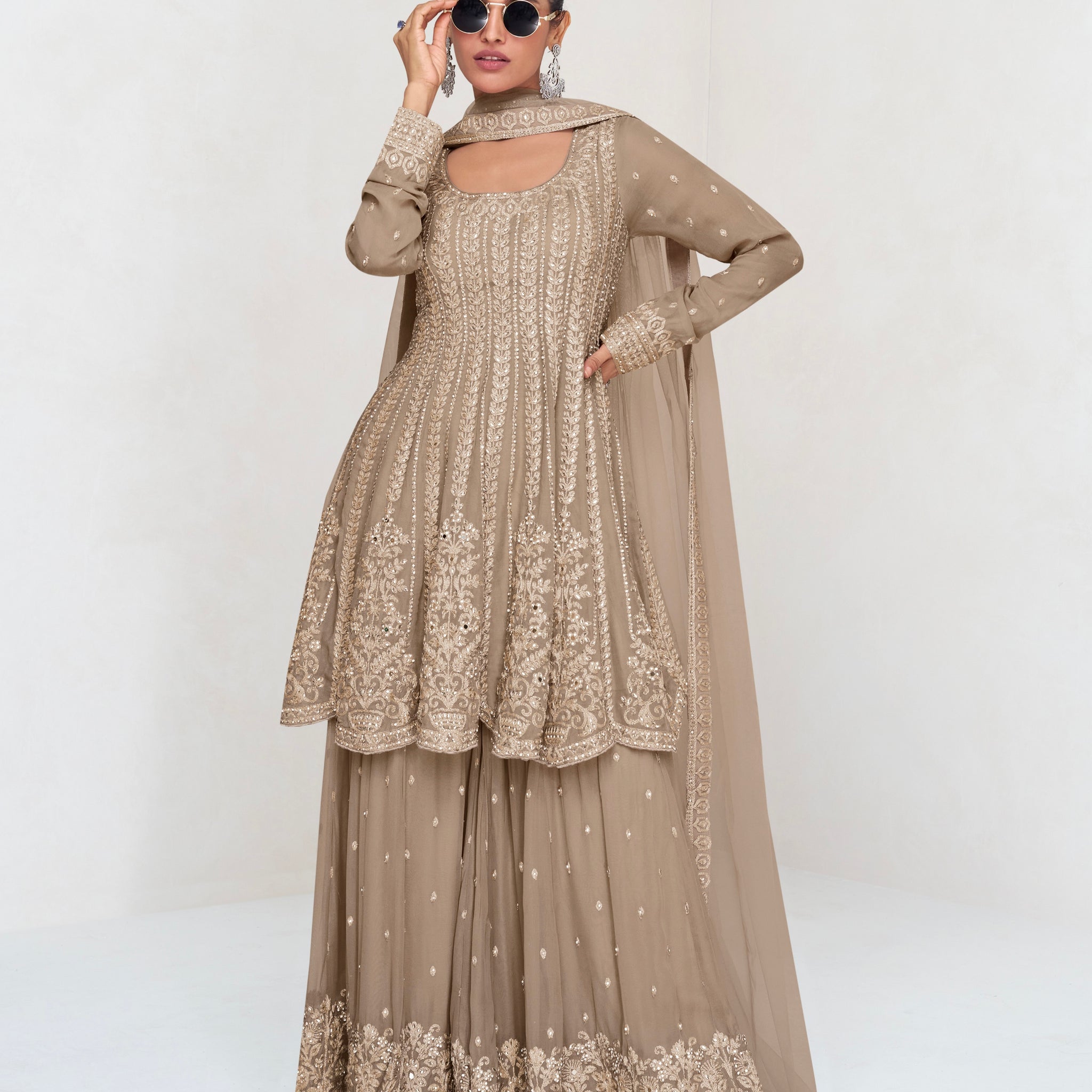 Beige Georgette Embroidered Palazzo Suit with Net Dupatta