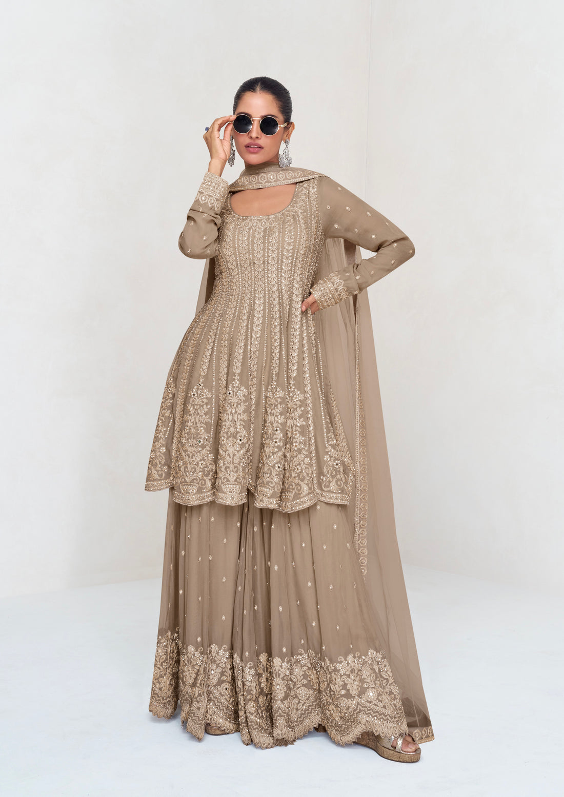 Beige Georgette Embroidered Palazzo Suit with Net Dupatta