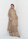 Beige Georgette Embroidered Palazzo Suit with Net Dupatta