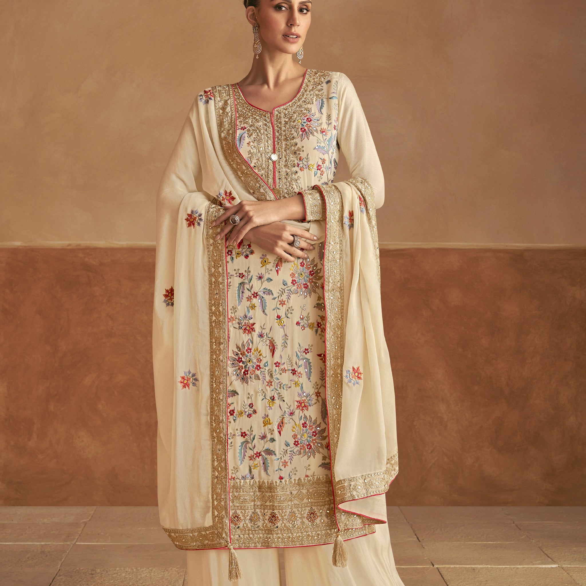 Ivory Chinon Palazzo Suit with Multicolor Embroidery & Chinon Dupatta