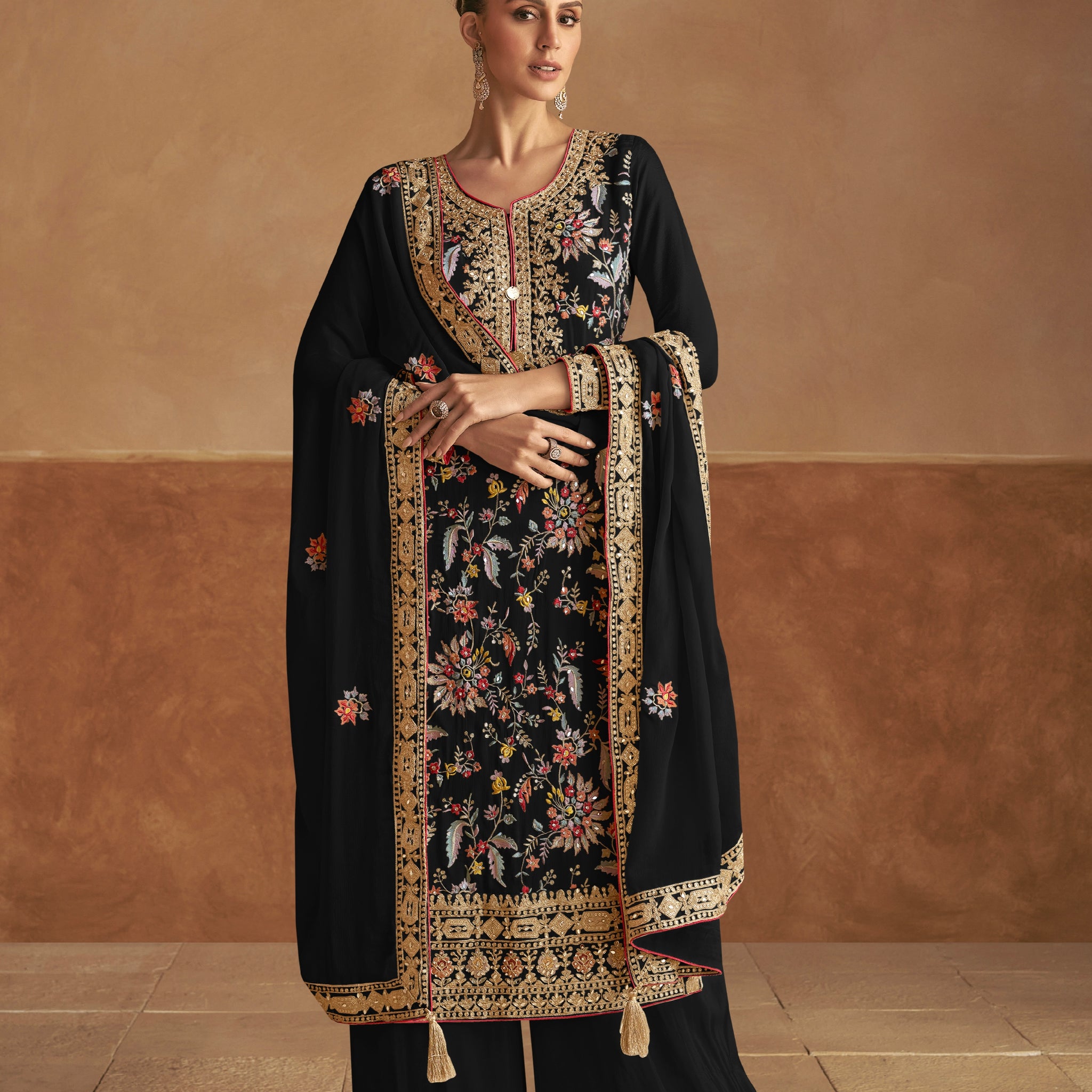 Black Chinon Palazzo Suit with Multicolor Embroidery & Chinon Dupatta