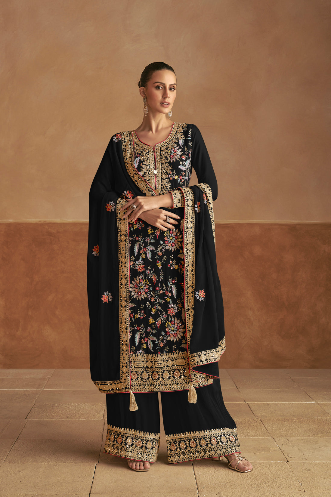 Black Chinon Palazzo Suit with Multicolor Embroidery & Chinon Dupatta