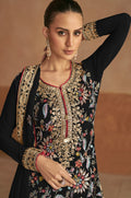 Black Chinon Palazzo Suit with Multicolor Embroidery & Chinon Dupatta