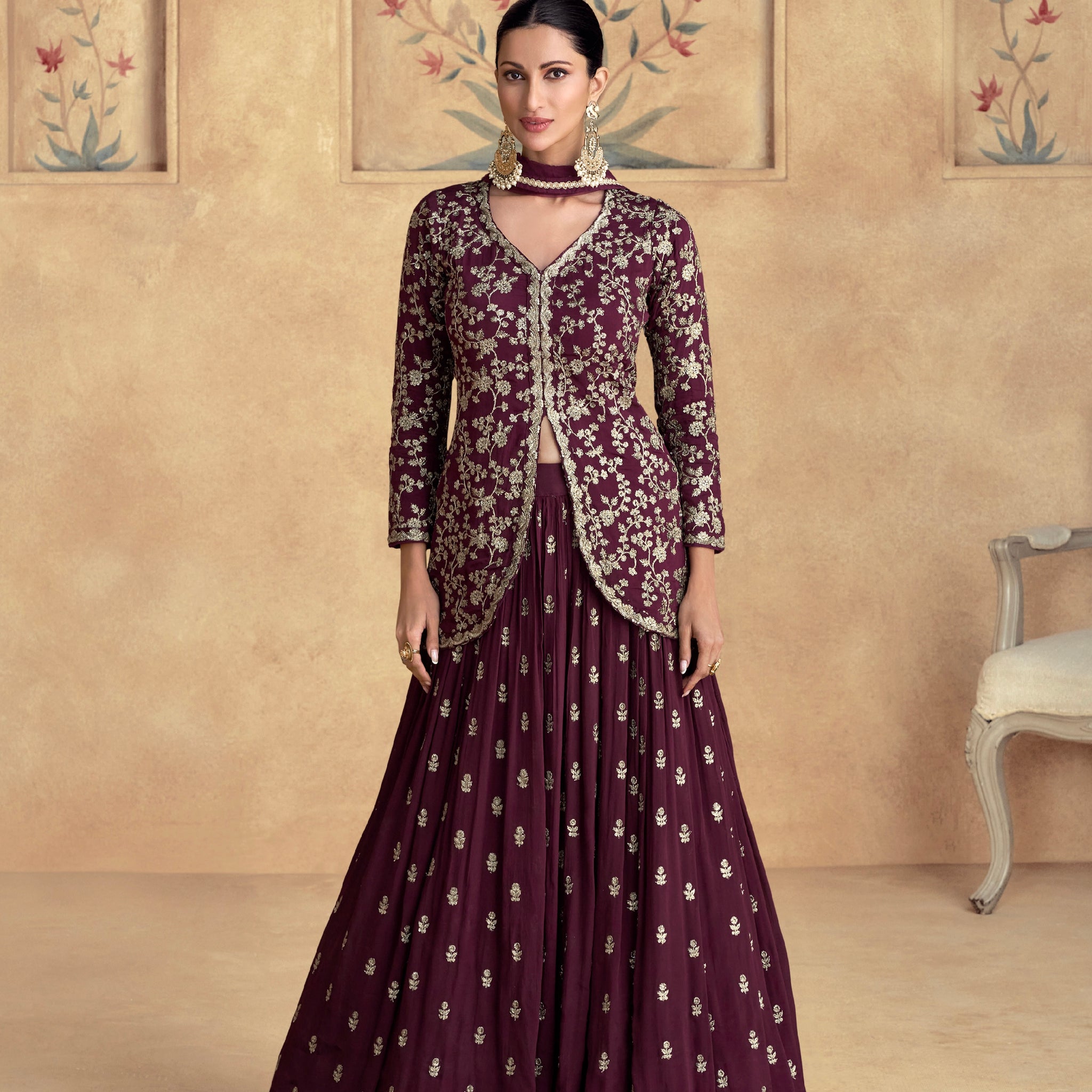 Maroon Premium Chinnon Silk Embroidered Anarkali with Net Dupatta