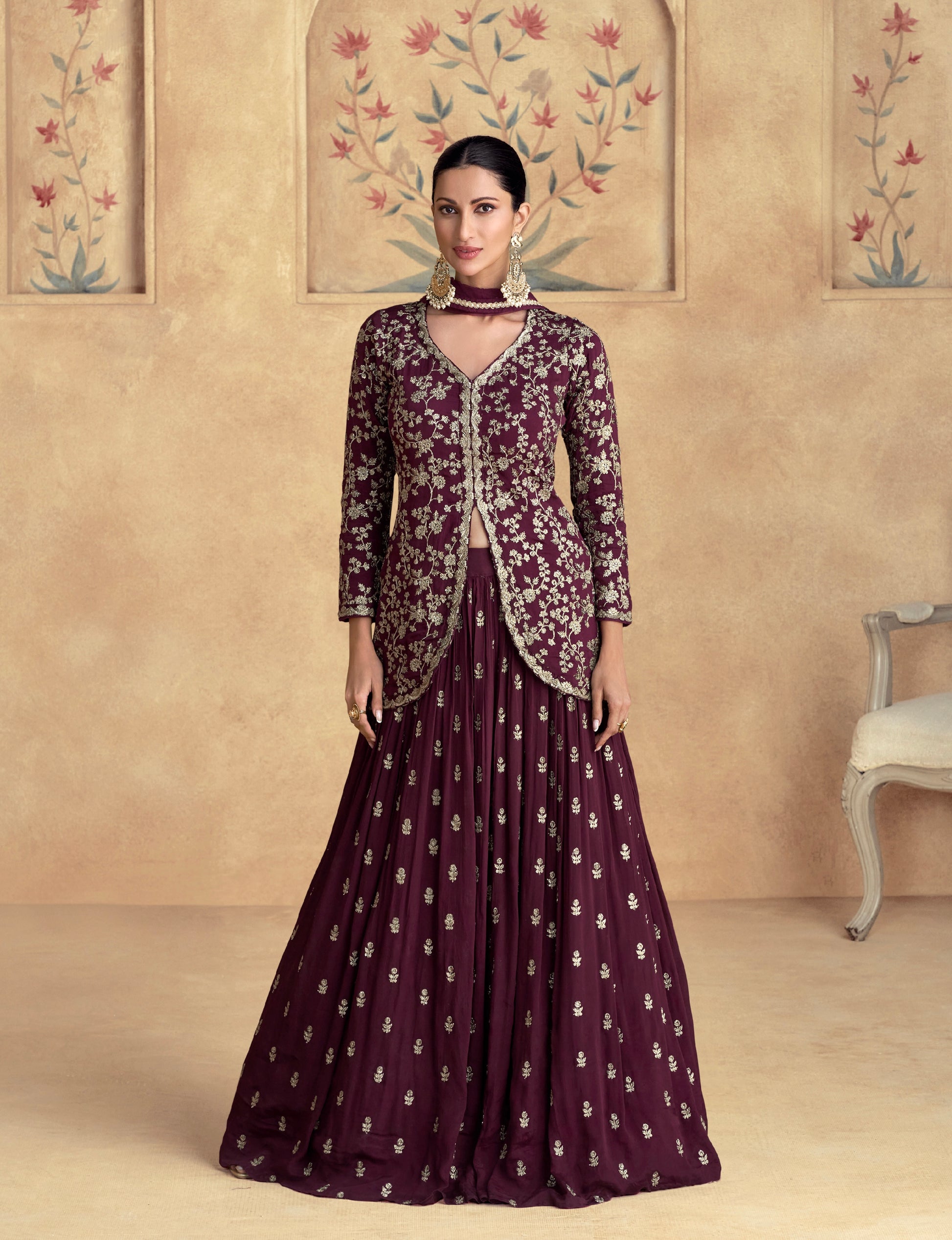 Maroon Premium Chinnon Silk Embroidered Anarkali with Net Dupatta