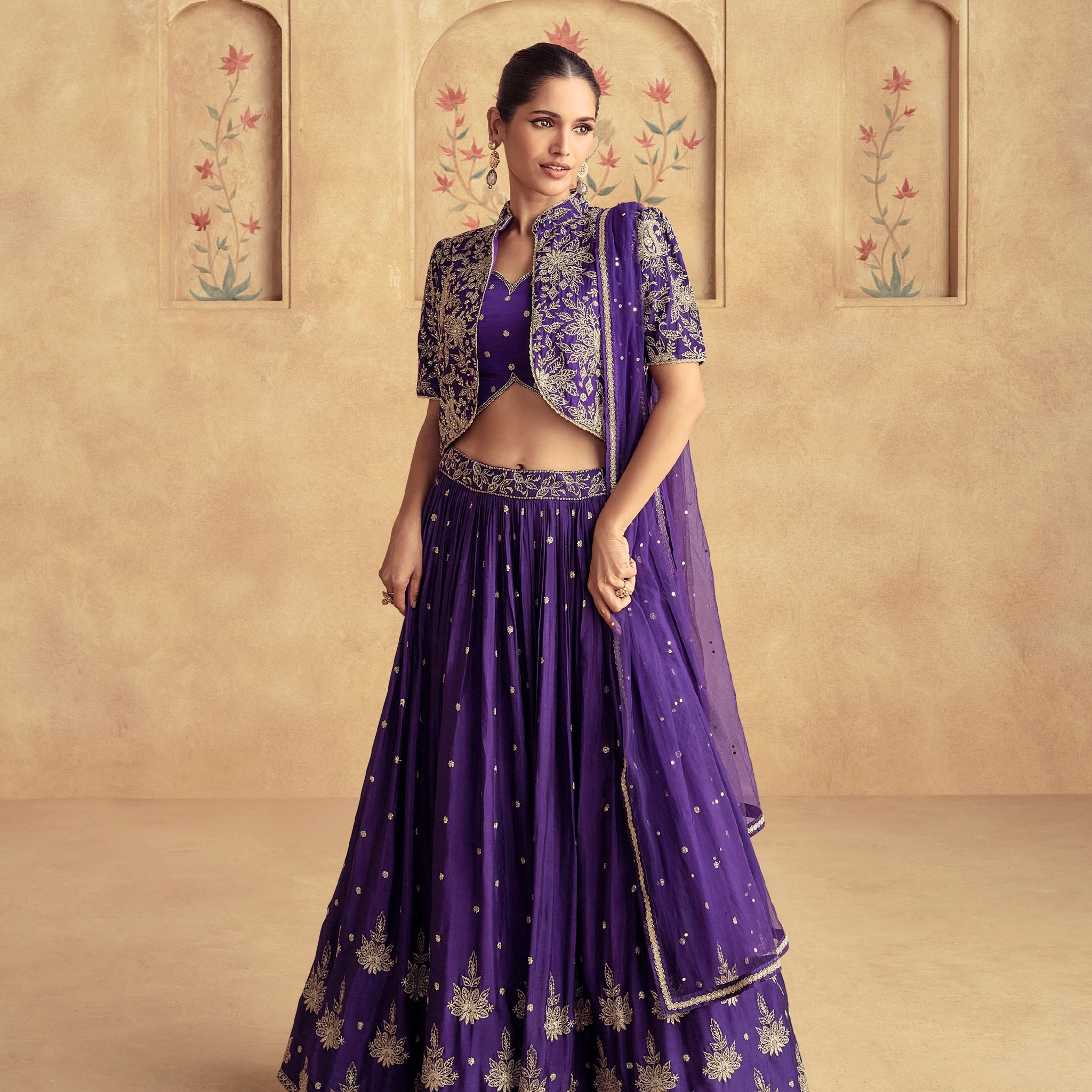 Royal Purple Chinnon Silk Embroidered Lehenga with Net Dupatta