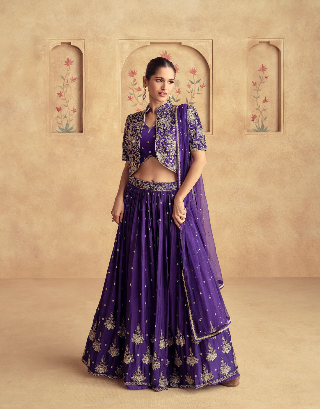 Royal Purple Chinnon Silk Embroidered Lehenga with Net Dupatta