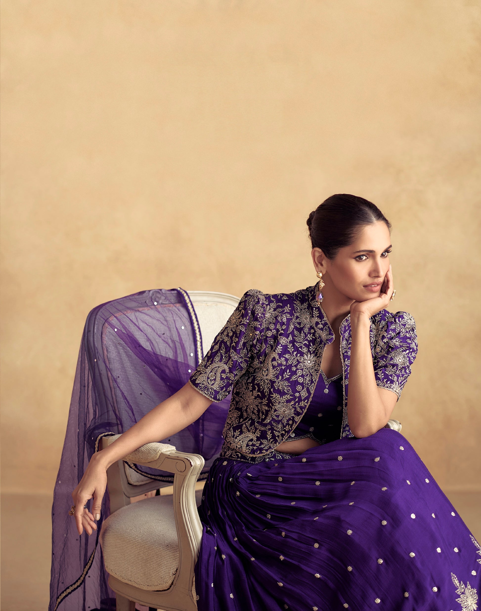 Royal Purple Chinnon Silk Embroidered Lehenga with Net Dupatta