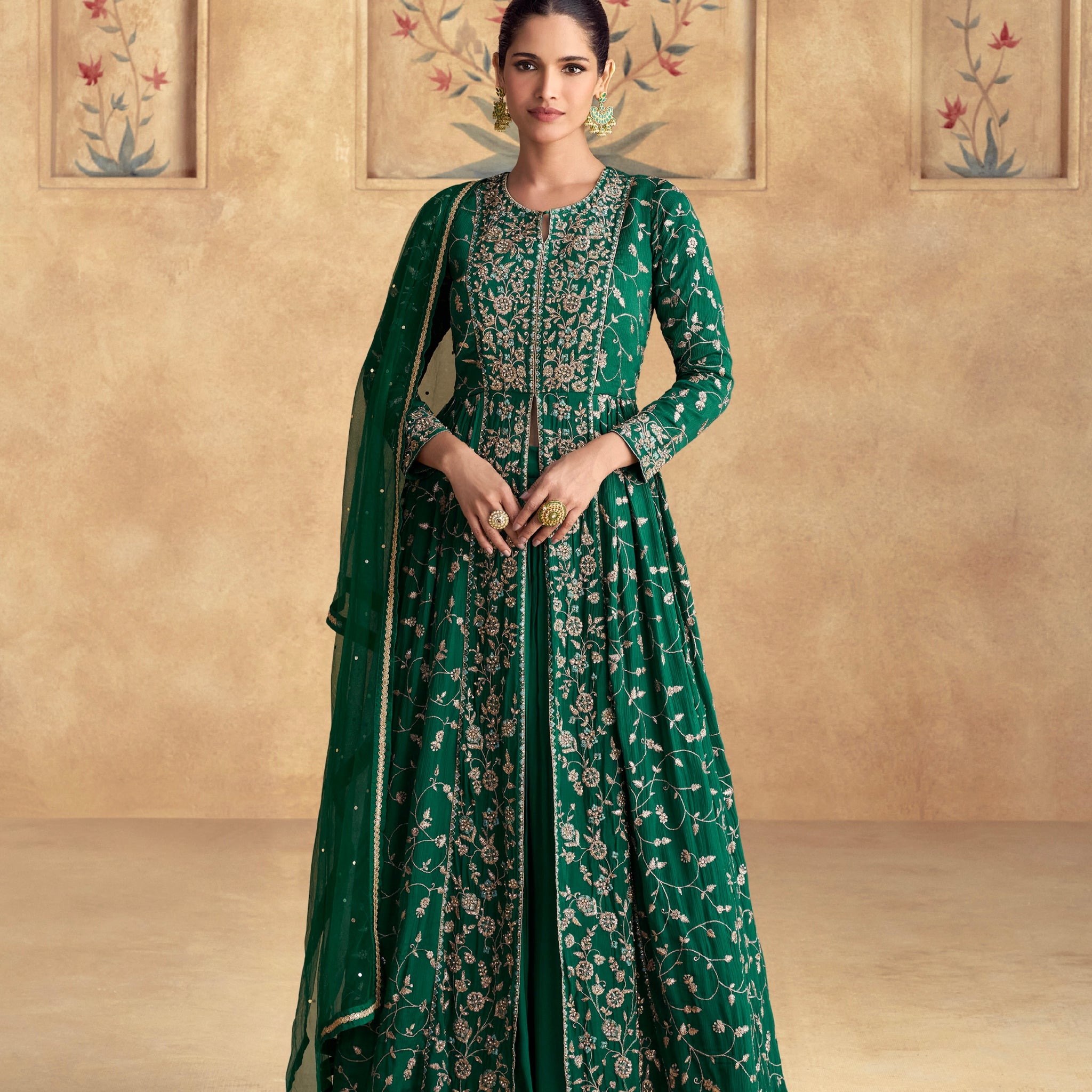 Emerald Green Chinnon Silk Embroidered Anarkali with Net Dupatta