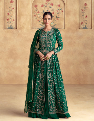 Emerald Green Chinnon Silk Embroidered Anarkali with Net Dupatta