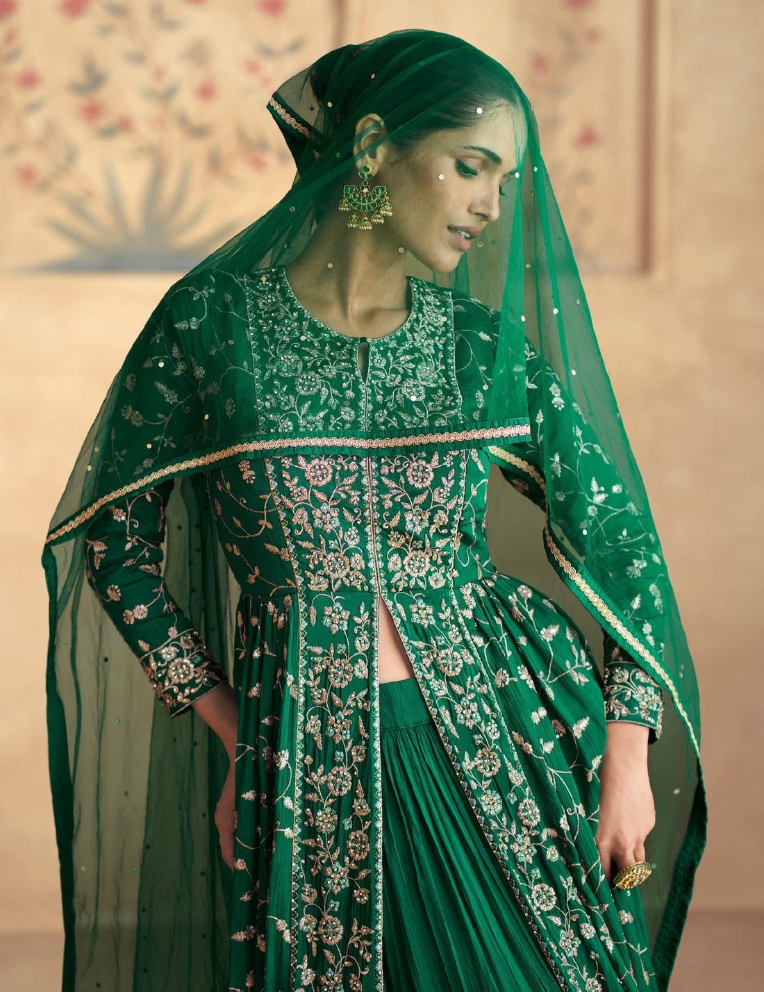 Emerald Green Chinnon Silk Embroidered Anarkali with Net Dupatta