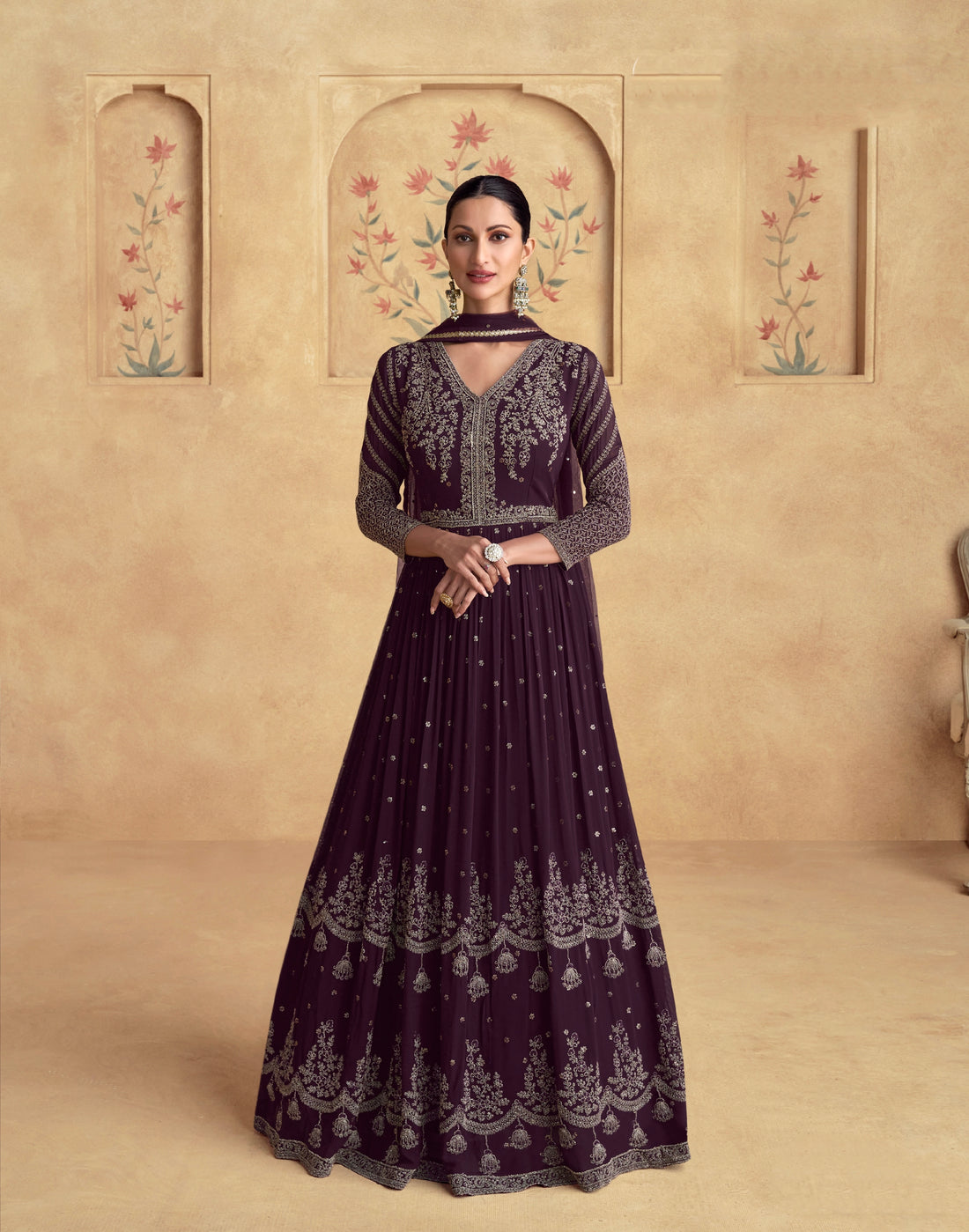 Deep Wine Georgette Anarkali Set with Net Dupatta