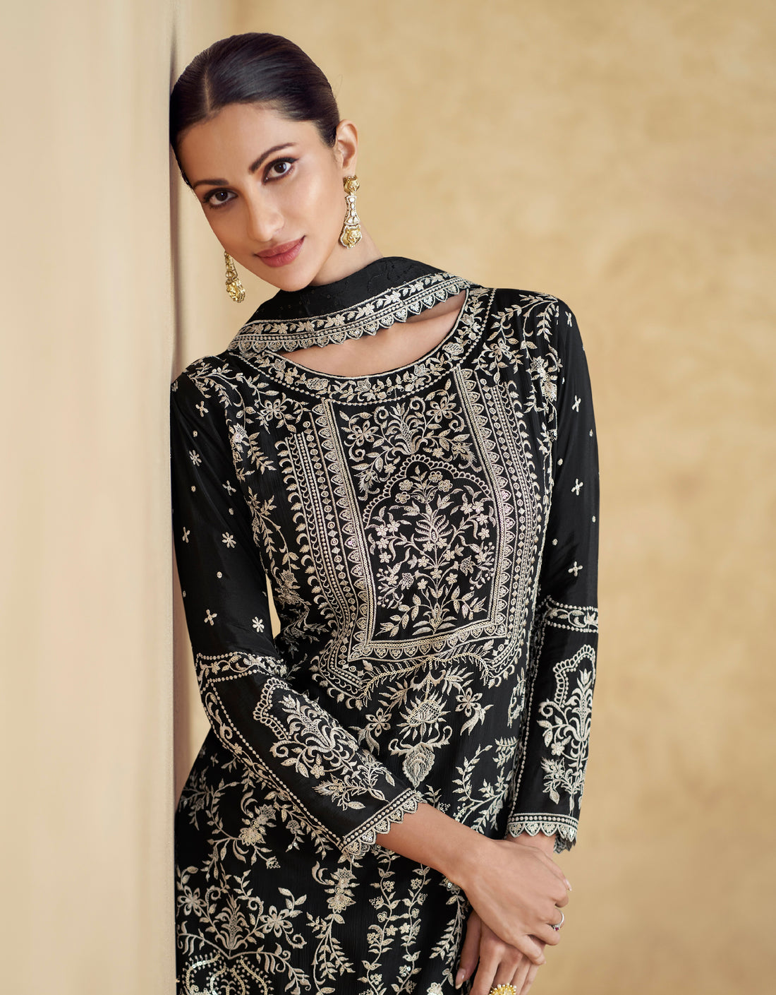 Black Chinnon Silk Embroidered Palazzo Suit Set