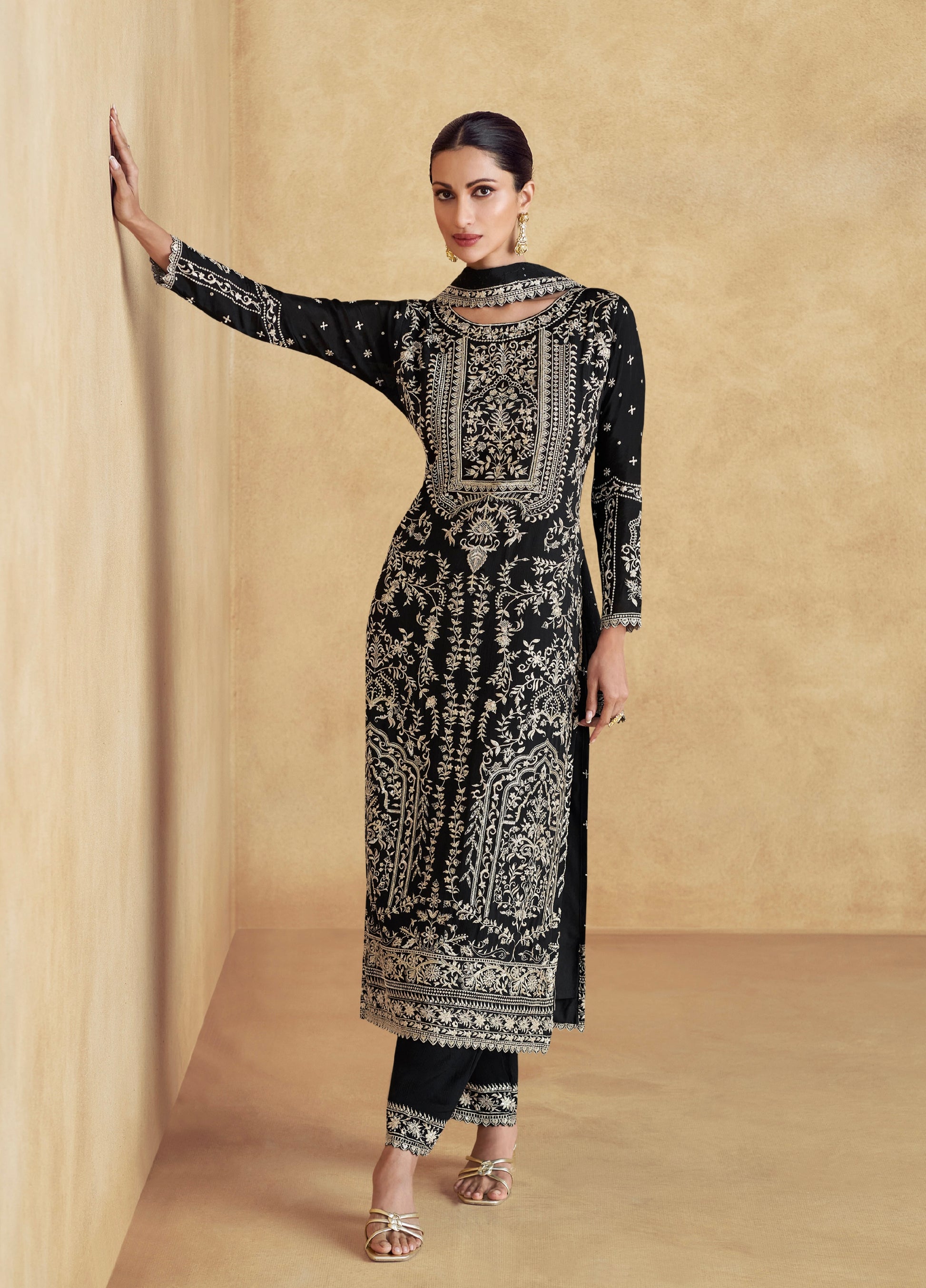 Black Chinnon Silk Embroidered Palazzo Suit Set