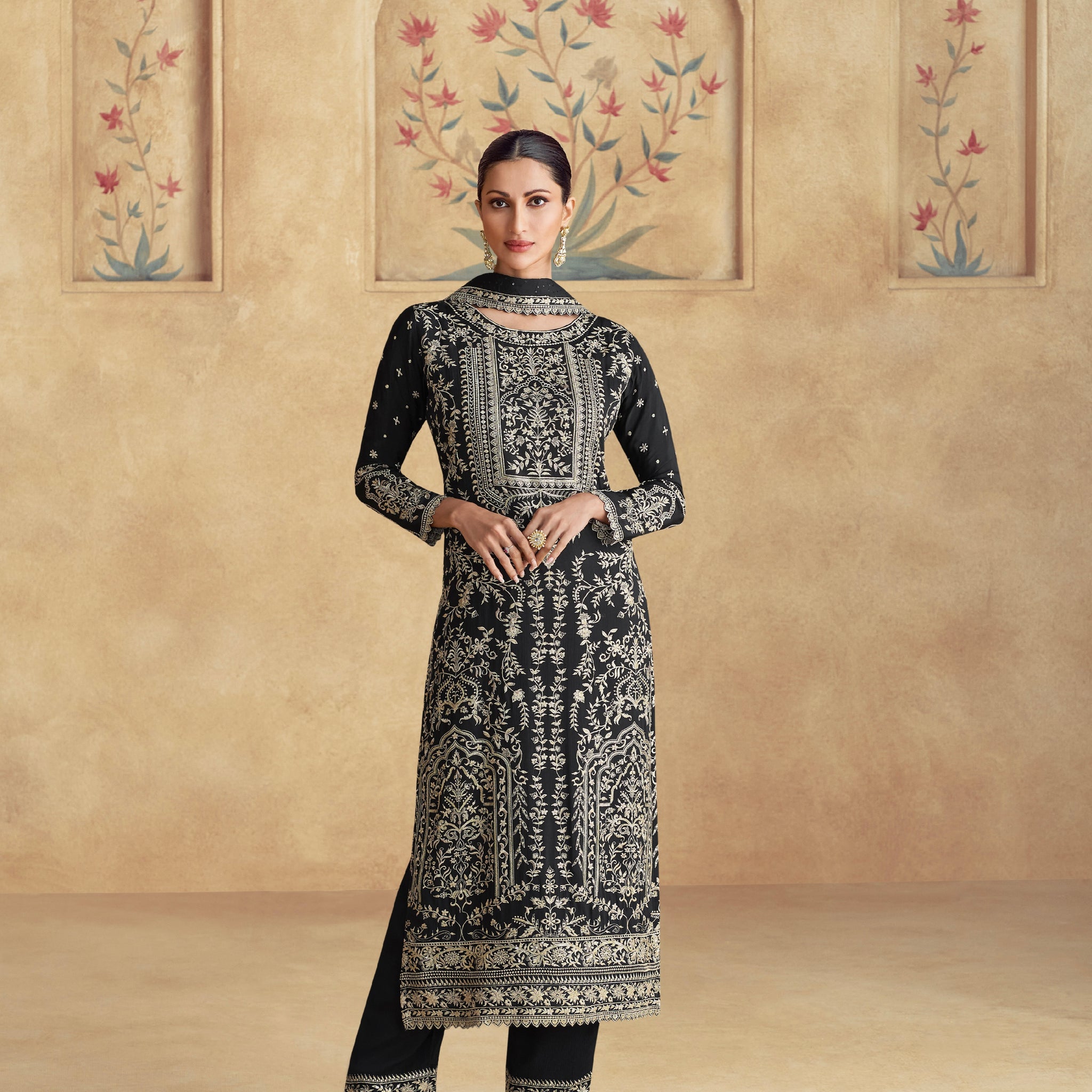 Black Chinnon Silk Embroidered Palazzo Suit Set